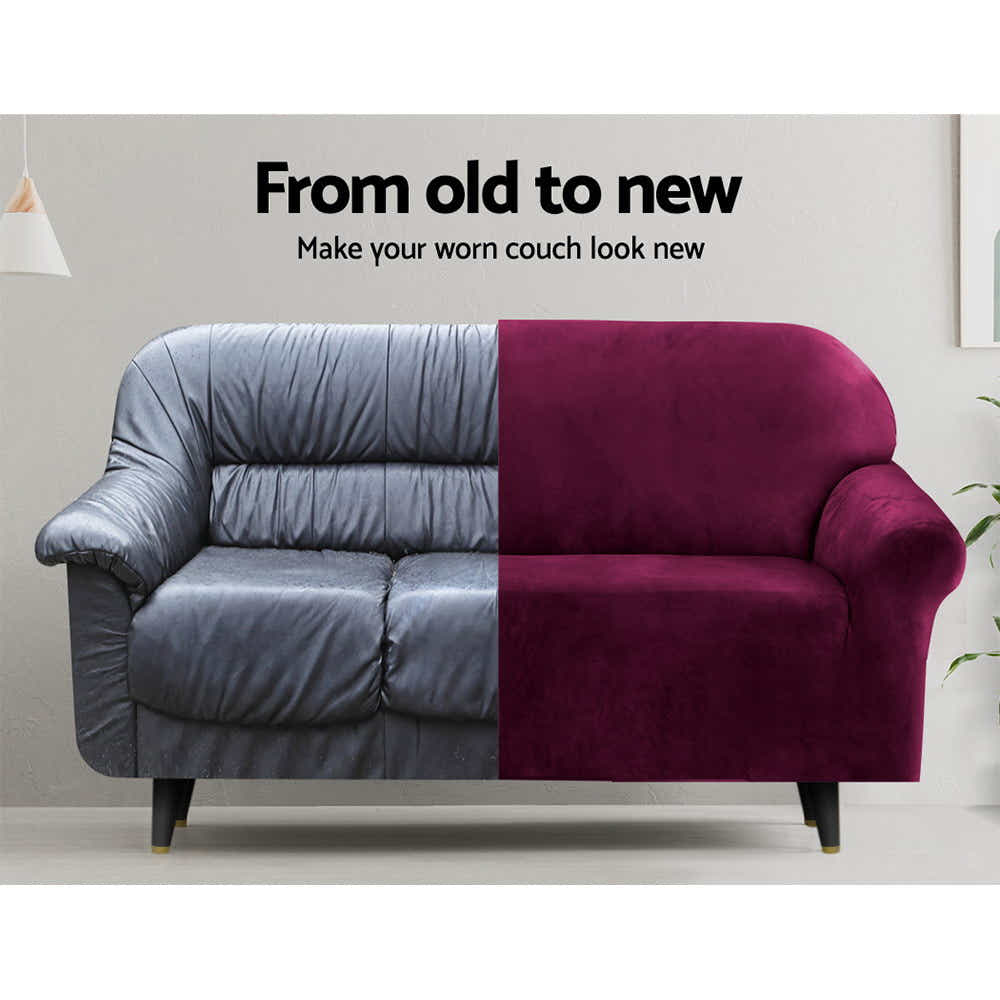DS NA Artiss Velvet Sofa Cover Plush Couch Cover Lounge 3 Seater Ruby Red