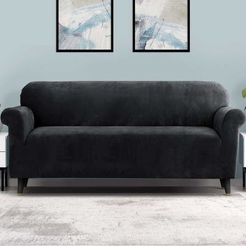 DS NA Artiss Velvet Sofa Cover Plush Couch Cover Lounge Slipcover 4 Seater Black