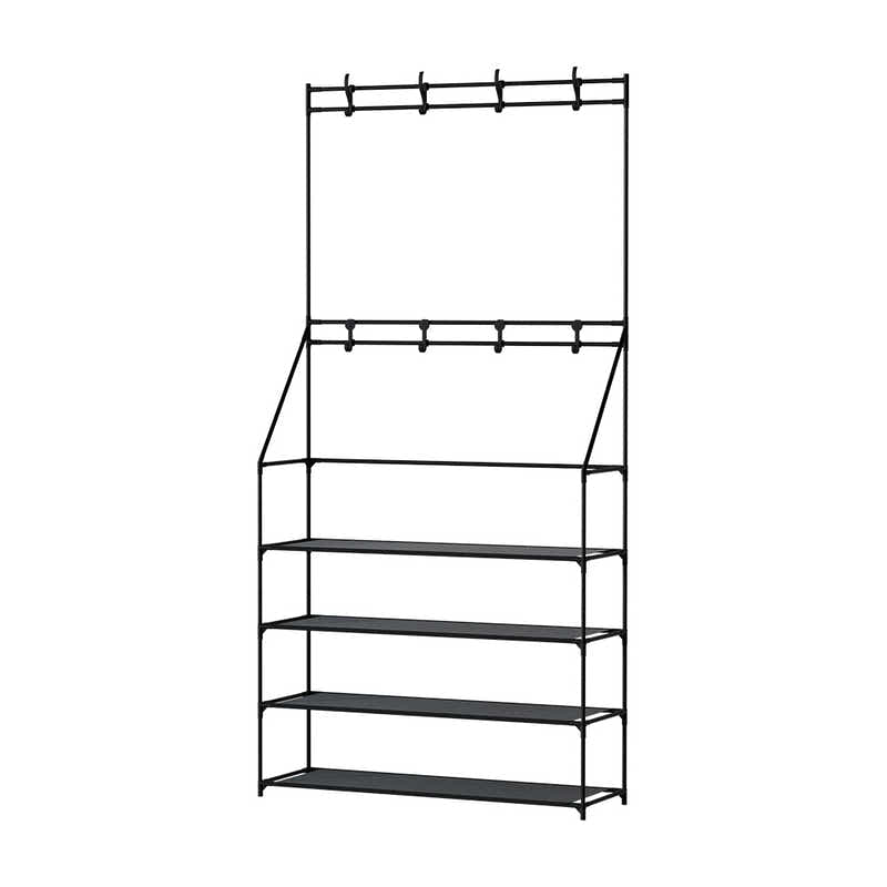 DS NA Shoe Rack Coat Hat Stand Hallway Shoes Storage Tree Metal Shelves Black