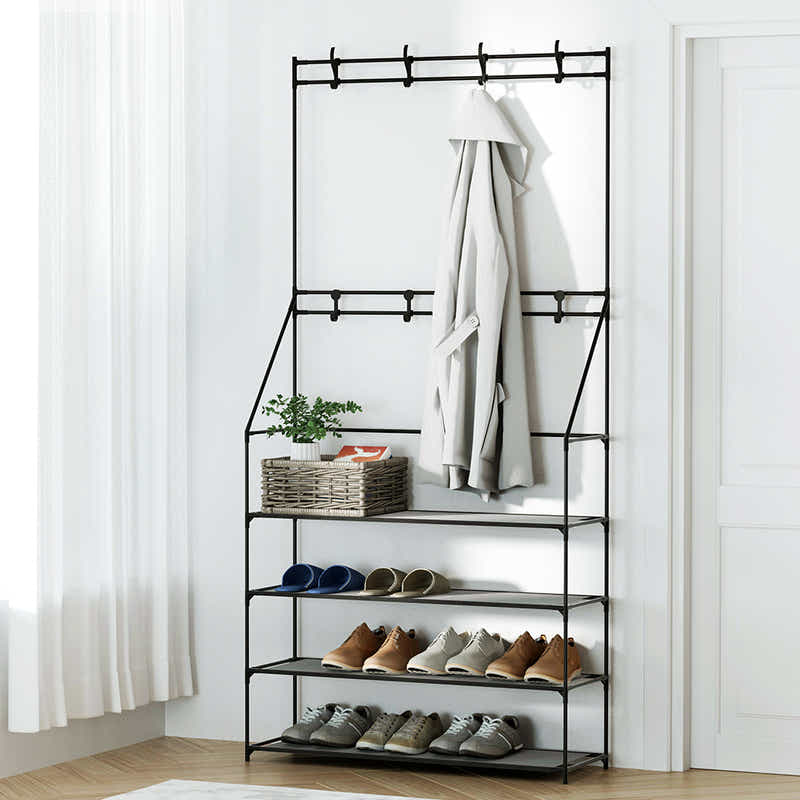 DS NA Shoe Rack Coat Hat Stand Hallway Shoes Storage Tree Metal Shelves Black