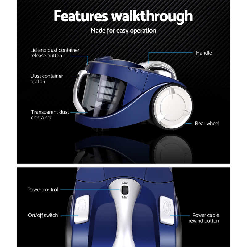 DS NA Devanti Vacuum Cleaner Bagless Vac Home Office Car 2200W Blue