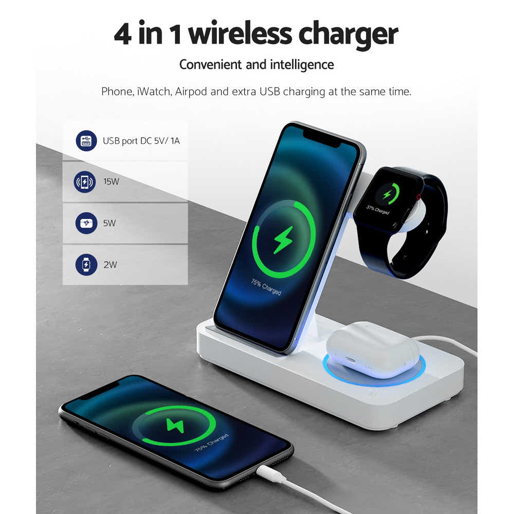 DS NA Devanti 4-in-1 Wireless Charger Dock Fast Charging for Phone White