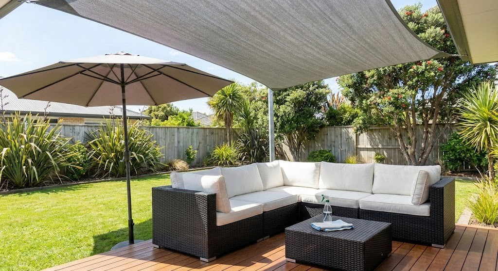 Clean PE rattan outdoor sofa set with white cushions on a wooden deck under a grey shade sail in a sunny New Zealand backyard