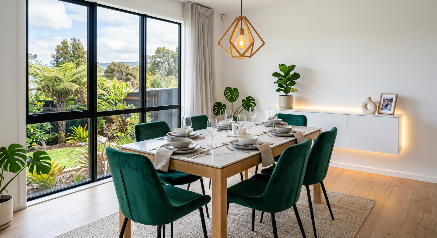 Modern dining table set for six with velvet dining chairs and a white buffet table with LED lighting in a bright New Zealand dining room
