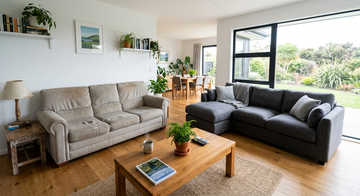 New Zealand living room showing an older faded sofa beside a fresh new grey linen corner sofa, illustrating when it is time to replace furniture