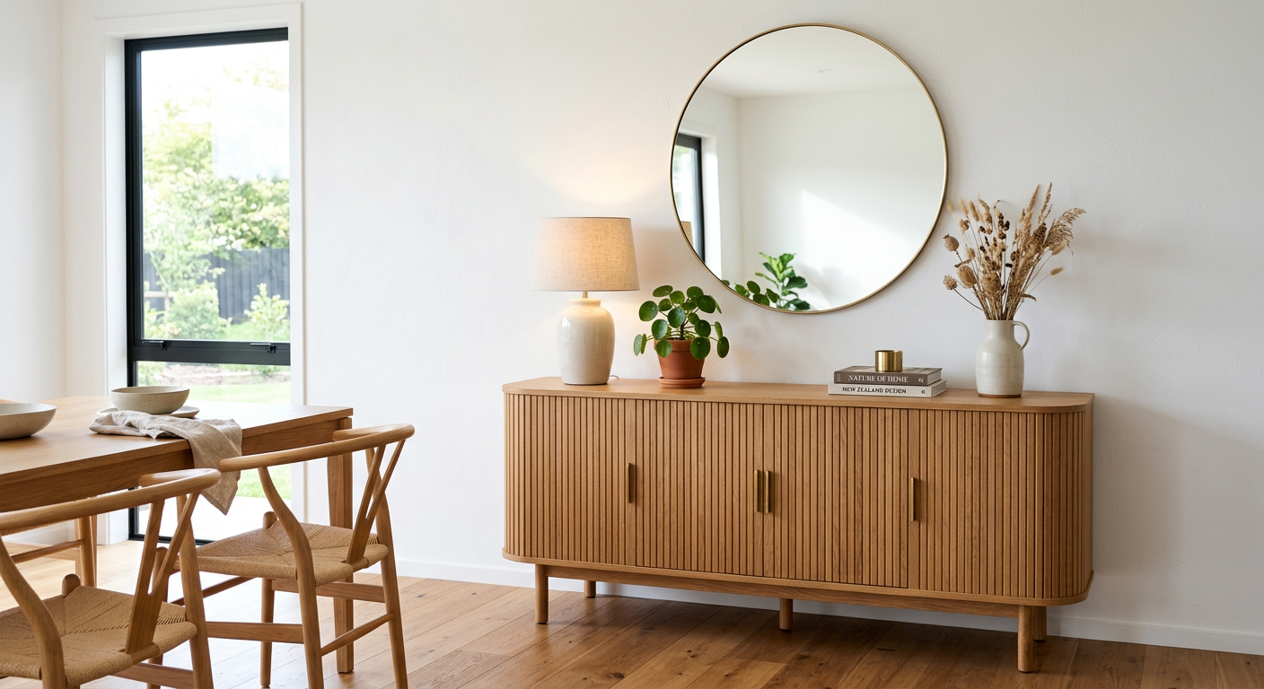 Timber tambour sideboard styled with a lamp, plant, and vase in a bright New Zealand dining room with a round mirror above