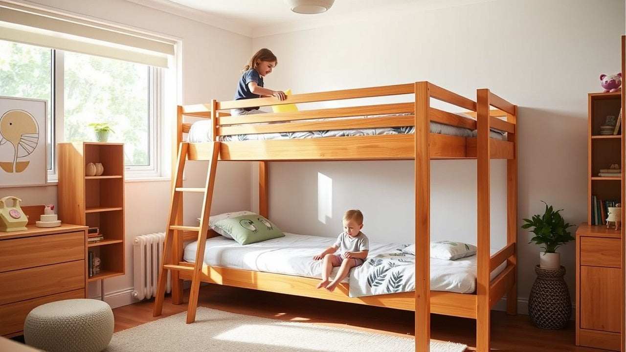 Safety guidelines for bunk beds showing appropriate ages - older child (8) on top bunk with proper guardrails and younger child (5) on bottom bunk, demonstrating NZ safety recommendations for children's bedroom furniture