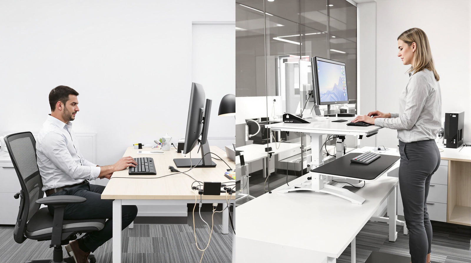 Do standing desks help with back pain? Comparison showing proper ergonomic setup for reducing back pain with height-adjustable desk versus traditional sitting desk with poor posture causing lumbar strain
