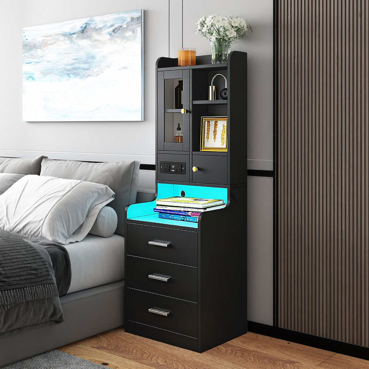 DS BD Bedside Table Bookshelf LED Nightstand Lamp Wooden Shelf Charging Station