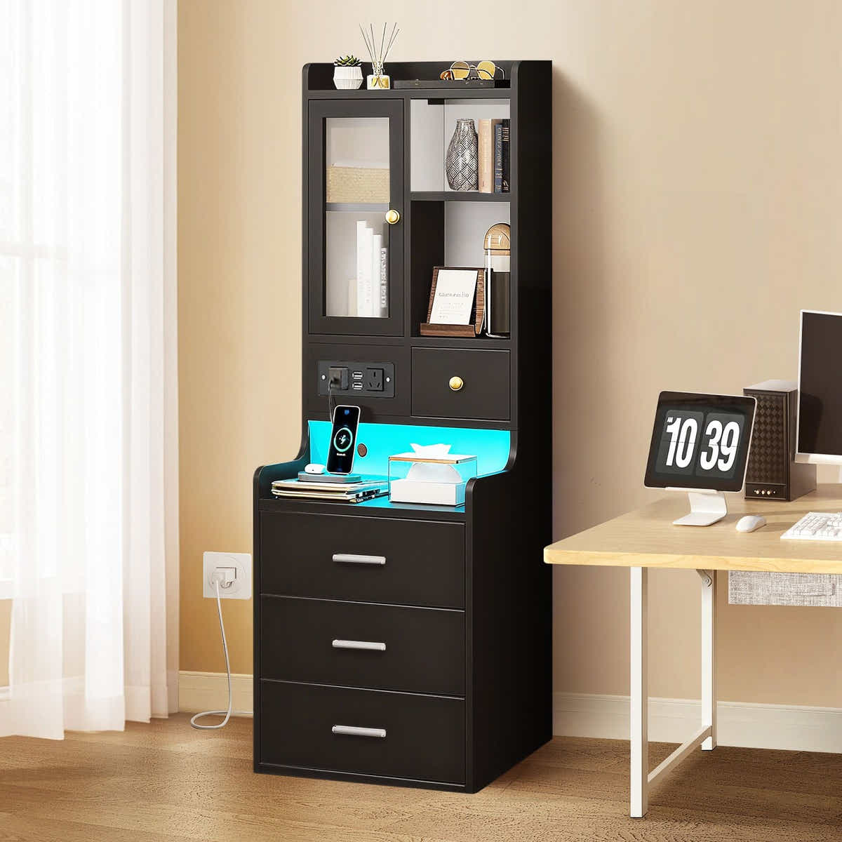 DS BD Bedside Table Bookshelf LED Nightstand Lamp Wooden Shelf Charging Station