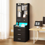 DS BD Bedside Table Bookshelf LED Nightstand Lamp Wooden Shelf Charging Station