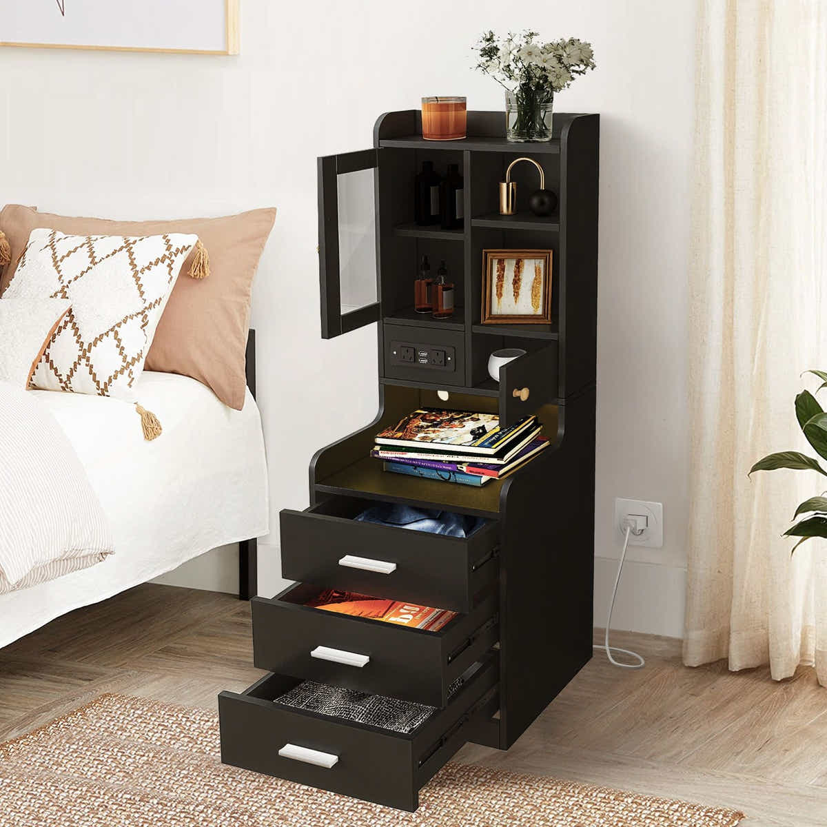 DS BD Bedside Table Bookshelf LED Nightstand Lamp Wooden Shelf Charging Station