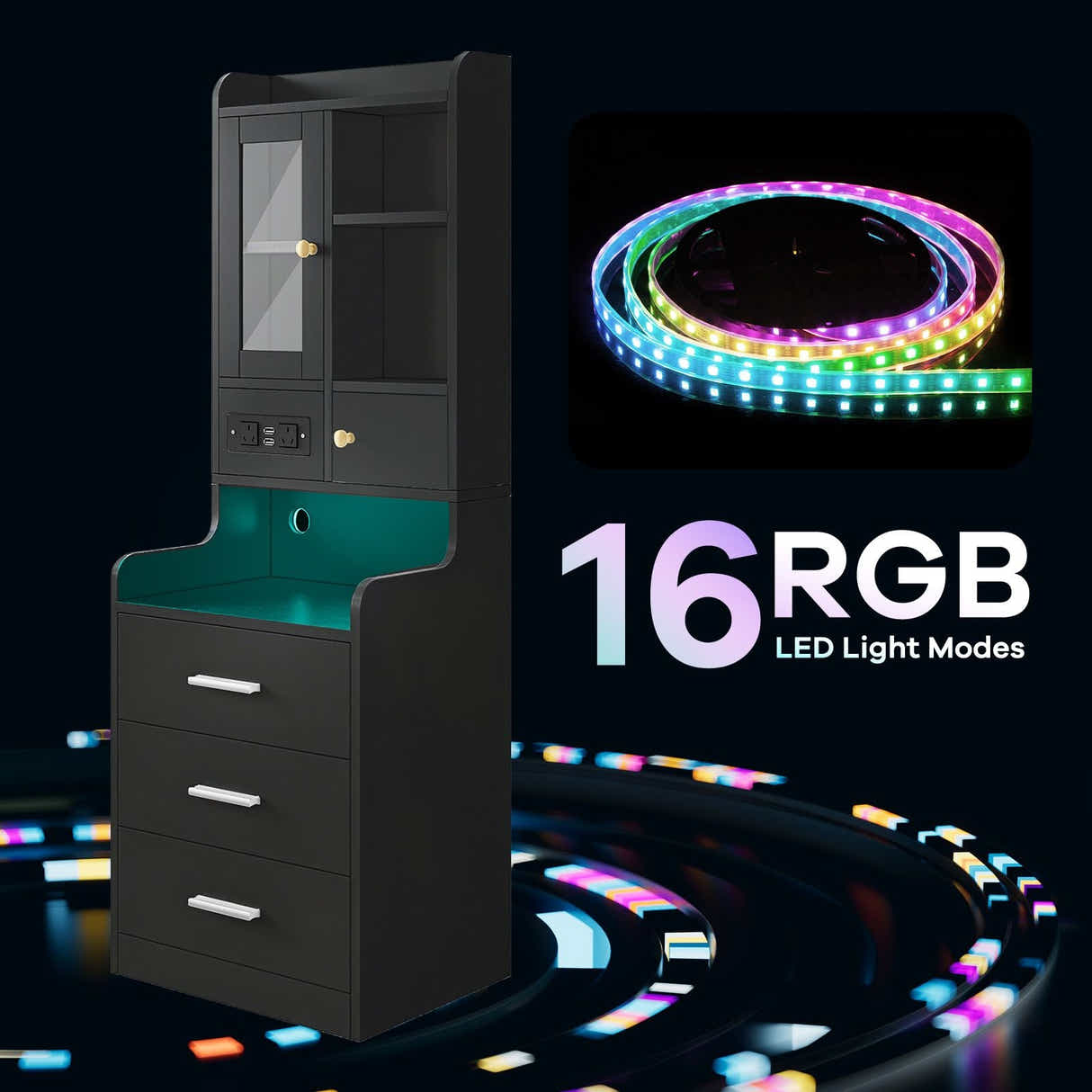 DS BD Bedside Table Bookshelf LED Nightstand Lamp Wooden Shelf Charging Station