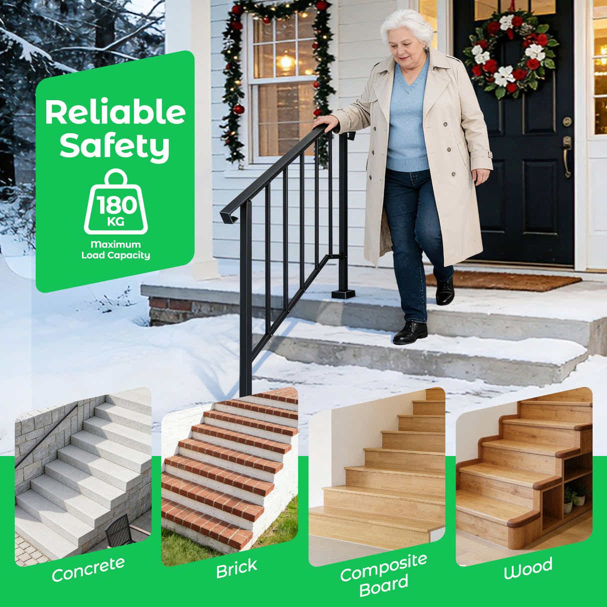 DS BD Stair Handrail Railings 3-4 Steps Black Metal Safety Guard Hand Rails