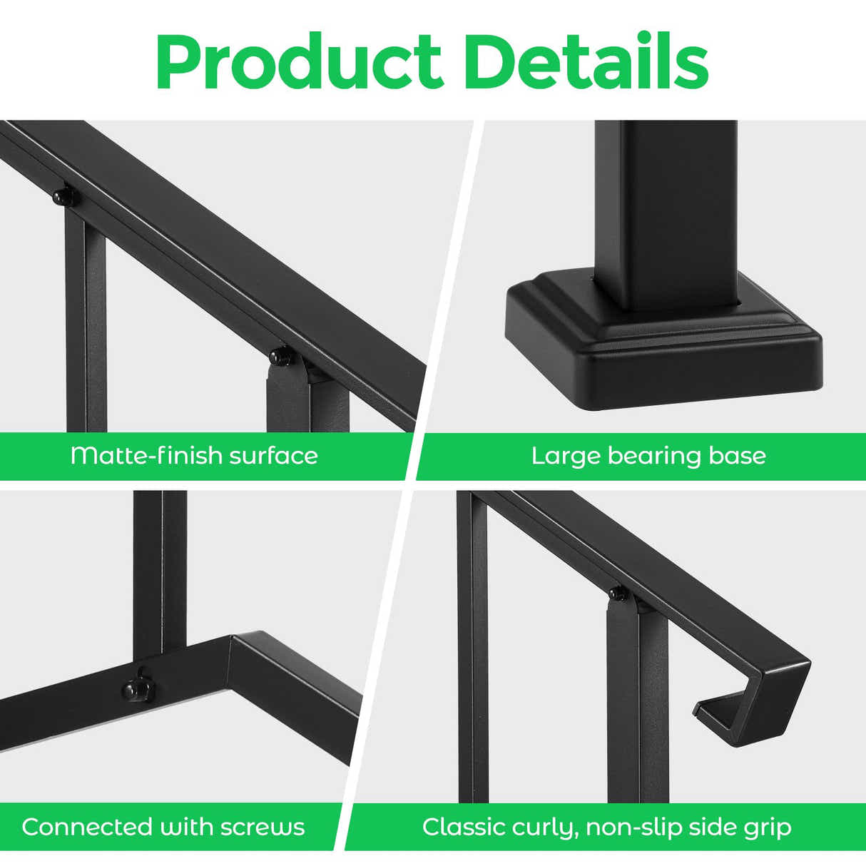 DS BD Stair Handrail Railings 3-4 Steps Black Metal Safety Guard Hand Rails