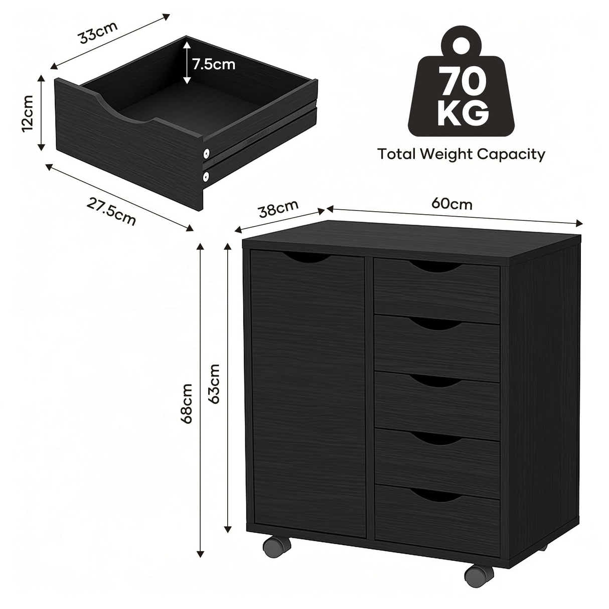 DS BD Mobile File Cabinet 5 Drawer Side UnderDesk Filing Document Organiser Home