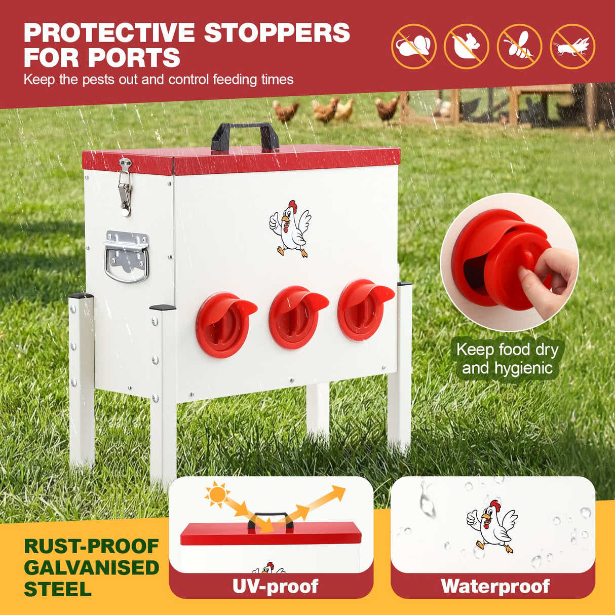 DS BD Chicken Bird Feeder 12L Automatic Gravity Food Dispenser 6 PVC Ports