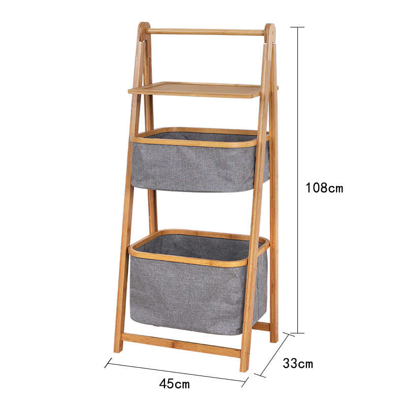 DS BS Natural Bamboo 2-Tier Laundry Basket Rack with Shelf