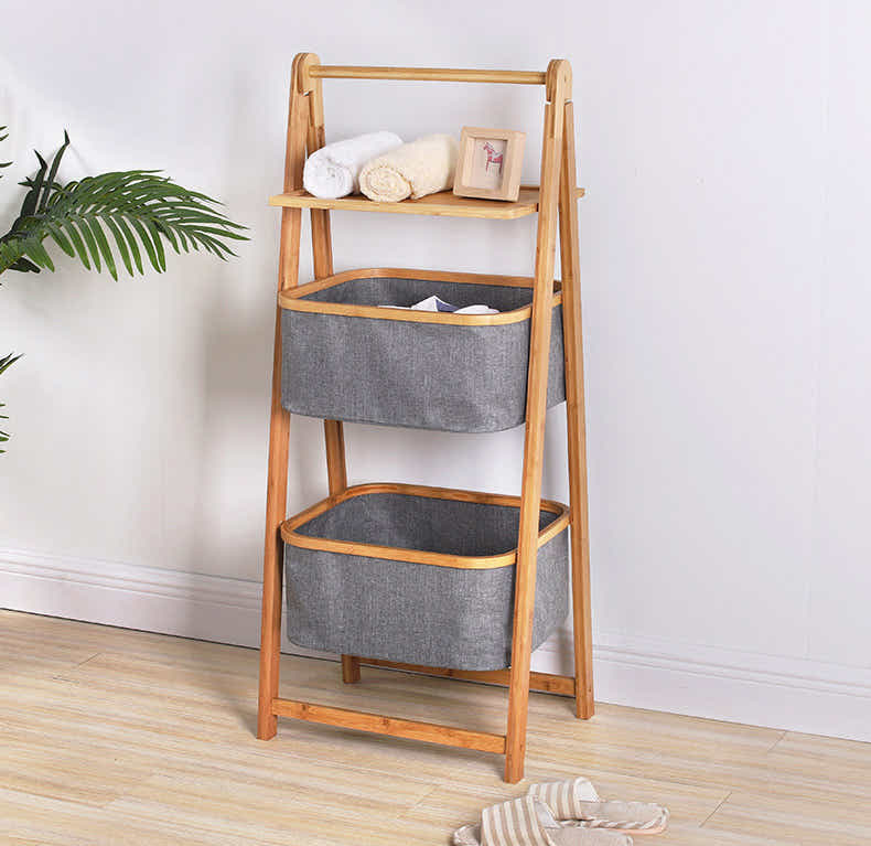 DS BS Natural Bamboo 2-Tier Laundry Basket Rack with Shelf