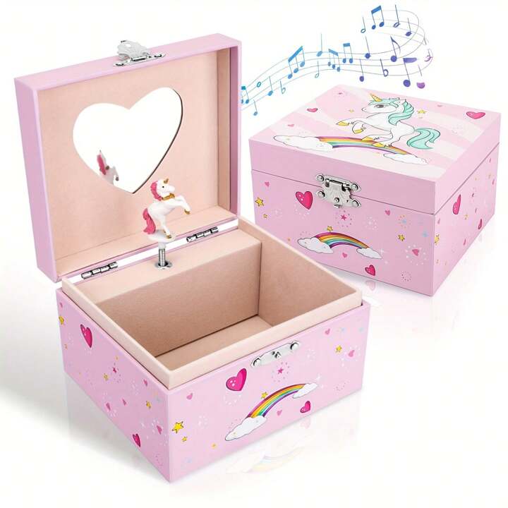 DS BS Girl's Musical Jewelry Storage Box With Spinning Unicorn- Pink