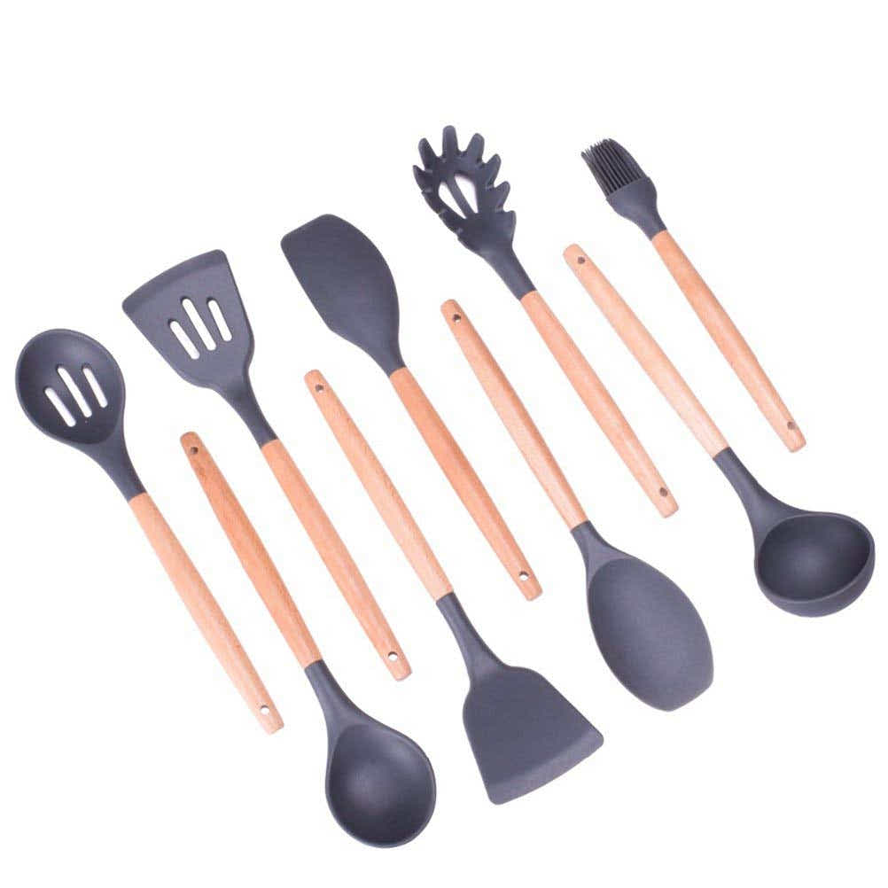DS BS 9 Piece Wood and Silicone Kitchen Utensil Set
