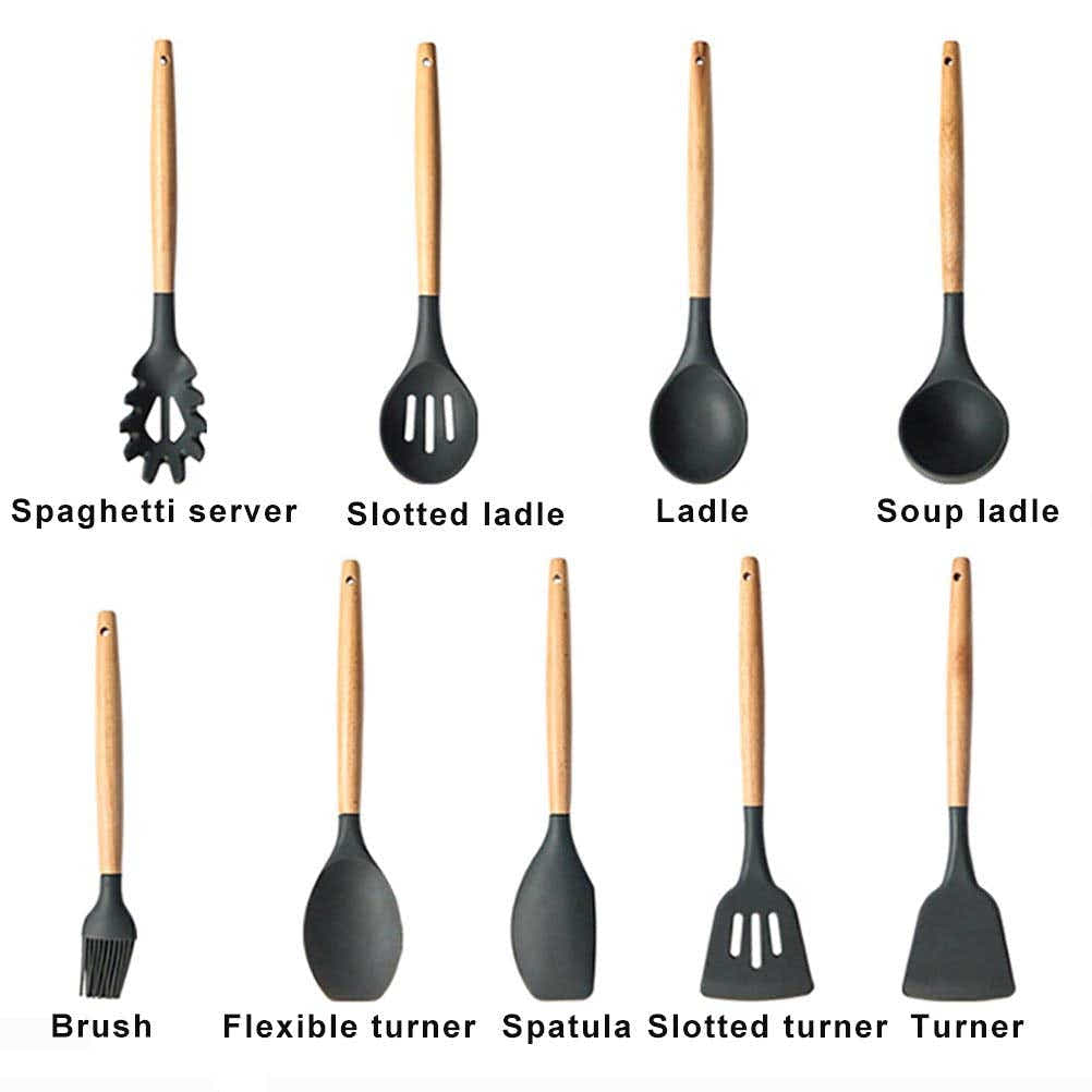 DS BS 9 Piece Wood and Silicone Kitchen Utensil Set
