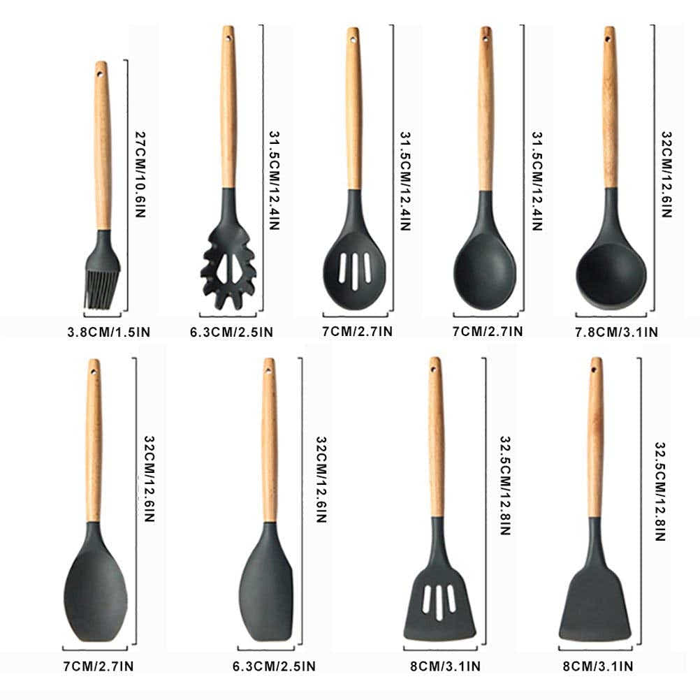 DS BS 9 Piece Wood and Silicone Kitchen Utensil Set
