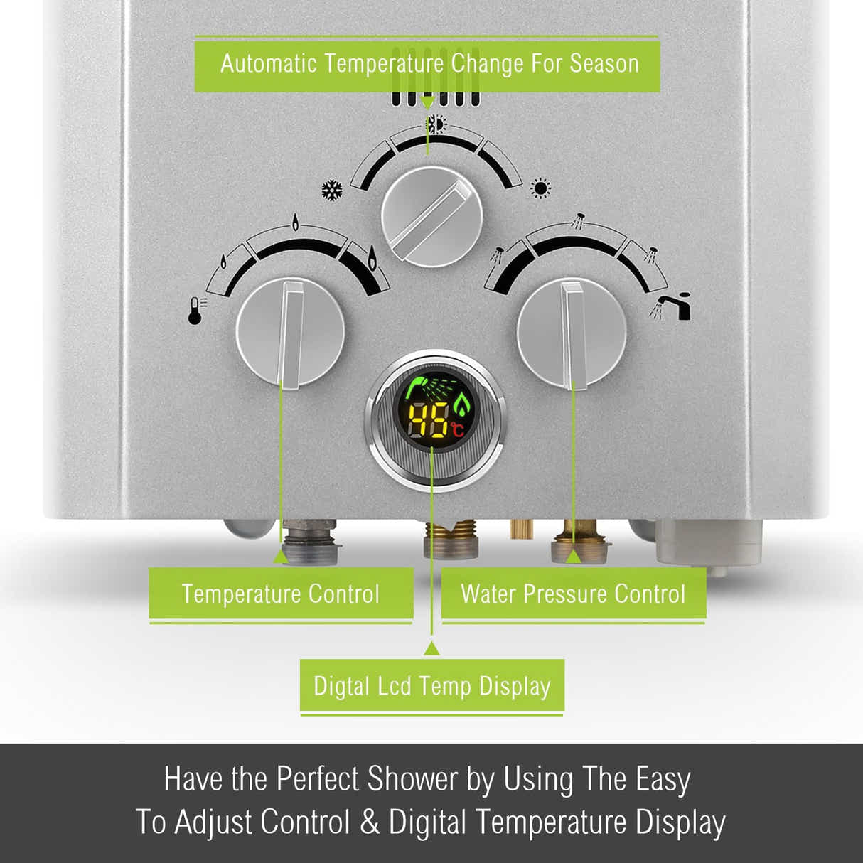 DS BD MAXKON 8 in 1 550L/Hr Portable Gas LPG Instant Shower Heater Silver