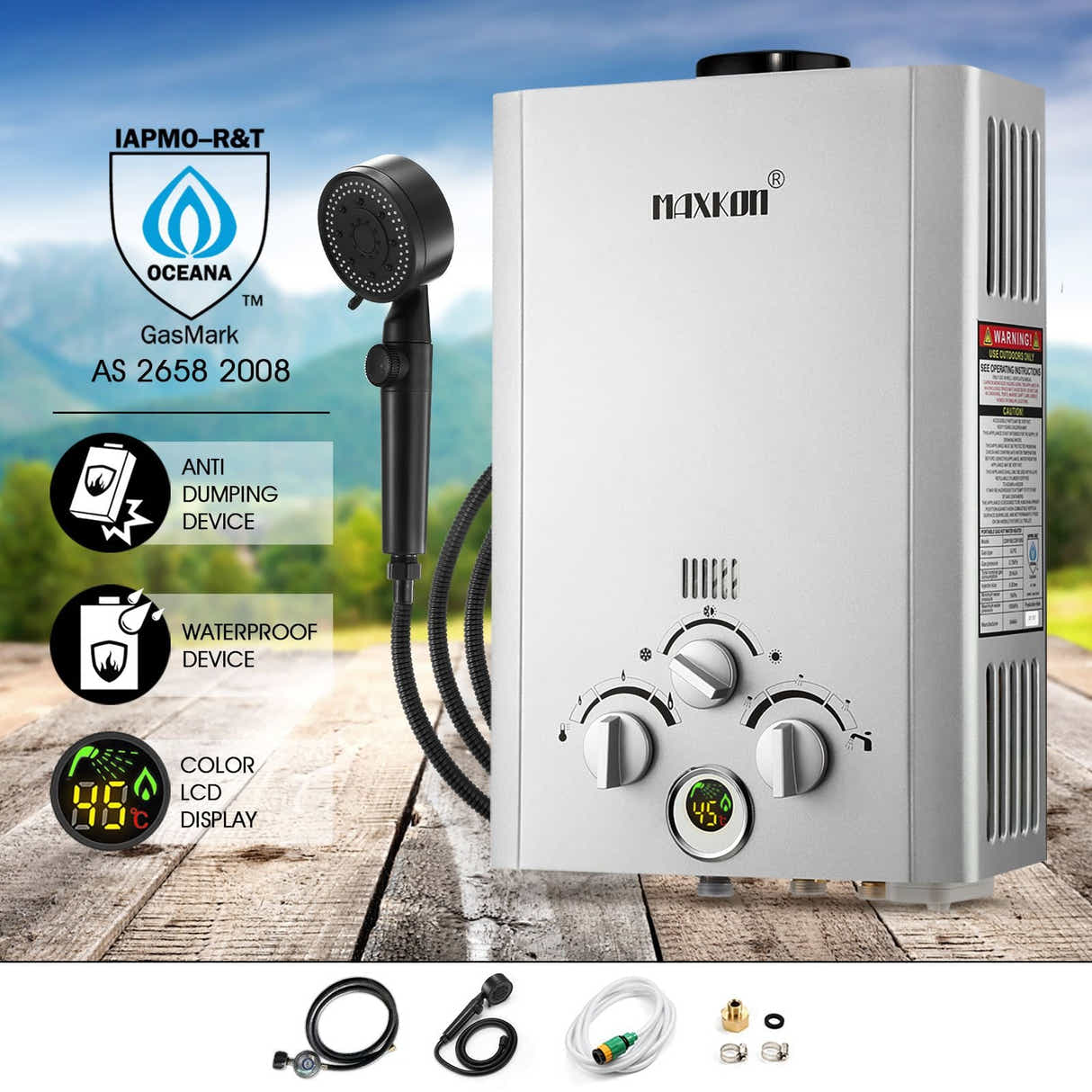 DS BD MAXKON 520L/Hr Portable Outdoor Gas LPG Instant Shower Water Heater Silver