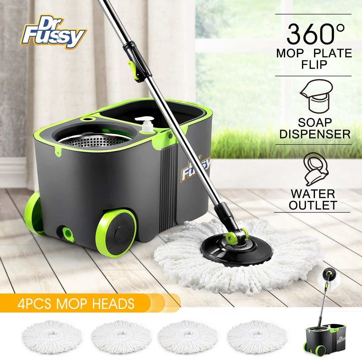 DS BD 360 Degree Spin Rotating Mop Bucket Set w/ Wheels and 4 Microfiber Heads