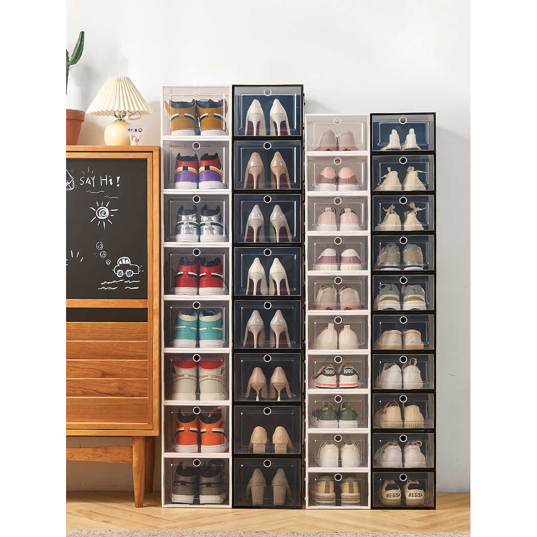 DS BS 3 Pack Plastic Stackable Shoe Storage Box with Lids-Black