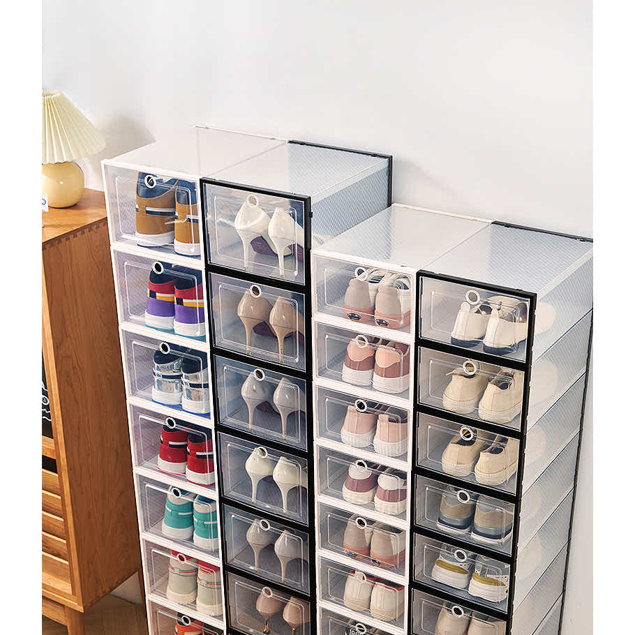 DS BS 3 Pack Plastic Stackable Shoe Storage Box with Lids-Black