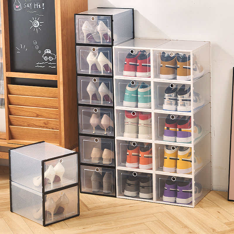 DS BS 3 Pack Plastic Stackable Shoe Storage Box with Lids-Black