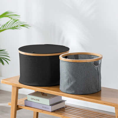 DS BS Bamboo-framed Large Laundry Hamper with Lid Cylinder Black