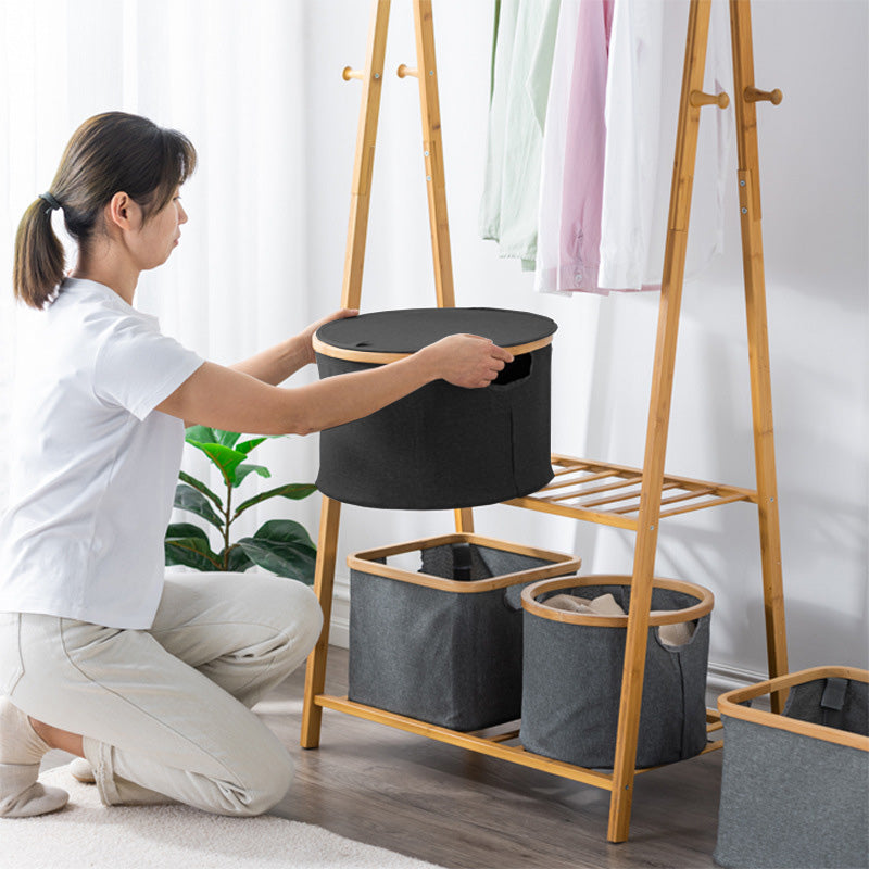 DS BS Bamboo-framed Large Laundry Hamper with Lid Cylinder Black