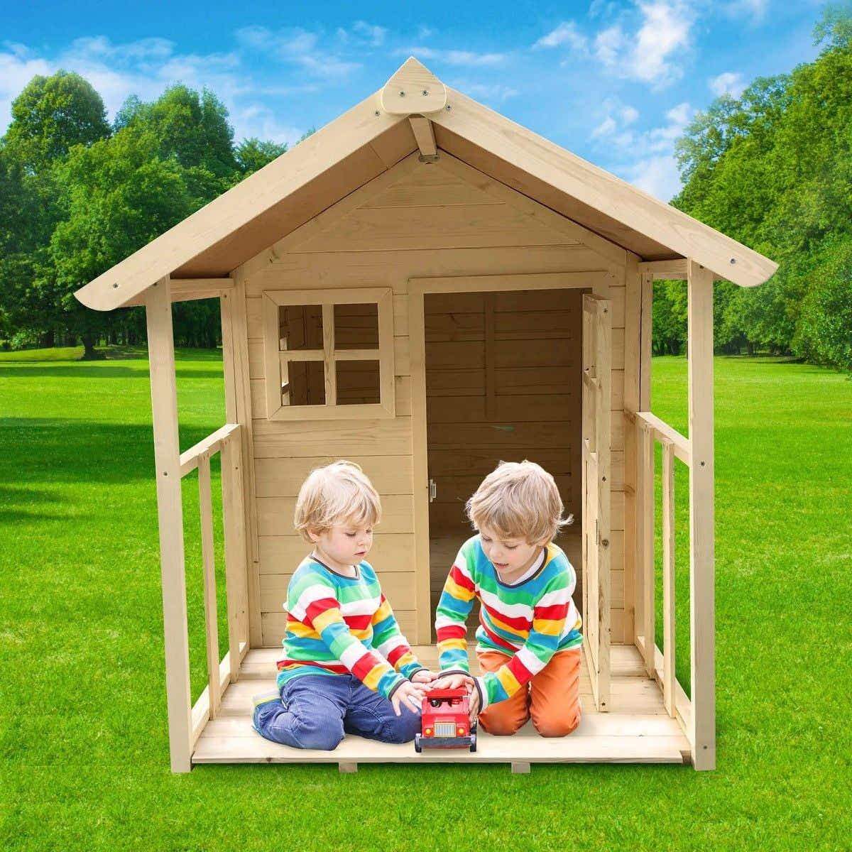 DS BD Wooden Cubby House for Kids Outdoor Playhouse with Flooring