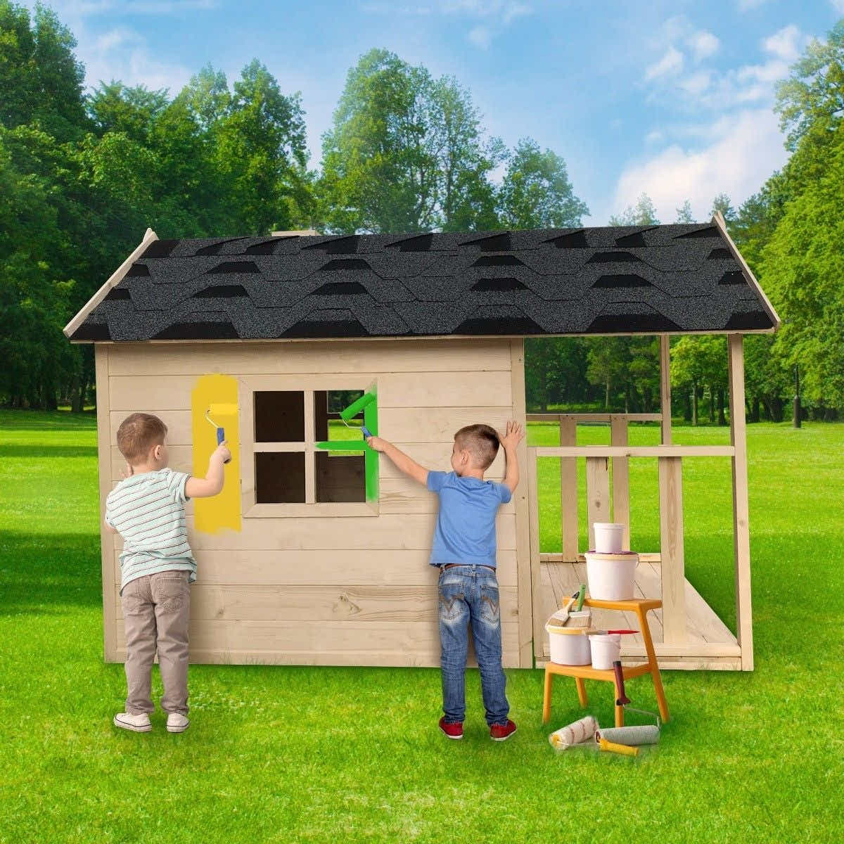 DS BD Wooden Cubby House for Kids Outdoor Playhouse with Flooring