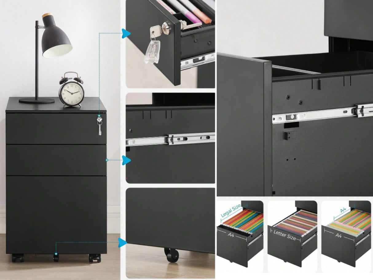 Mobile Pedestal File Cabinet - Black