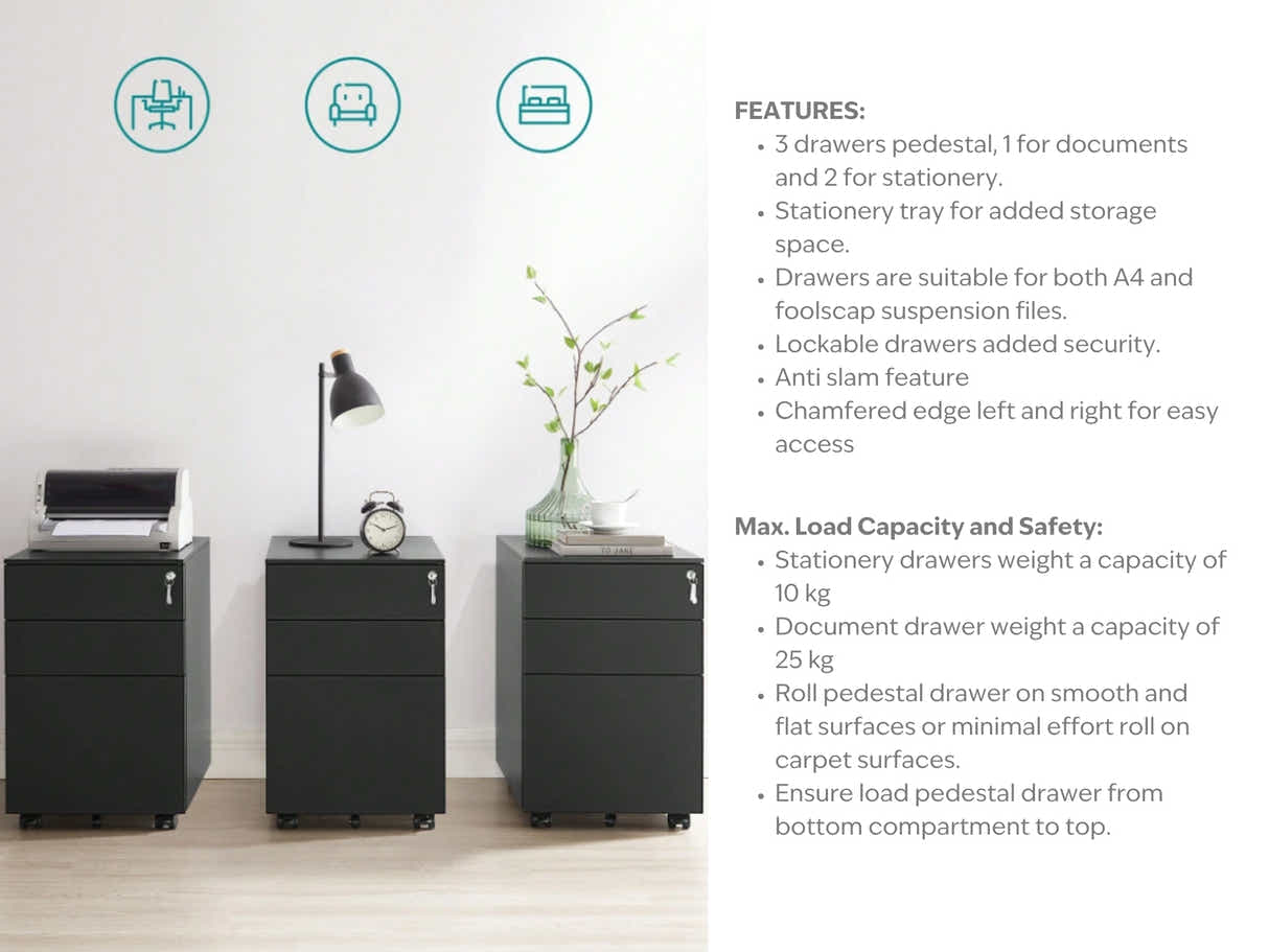 Mobile Pedestal File Cabinet - Black