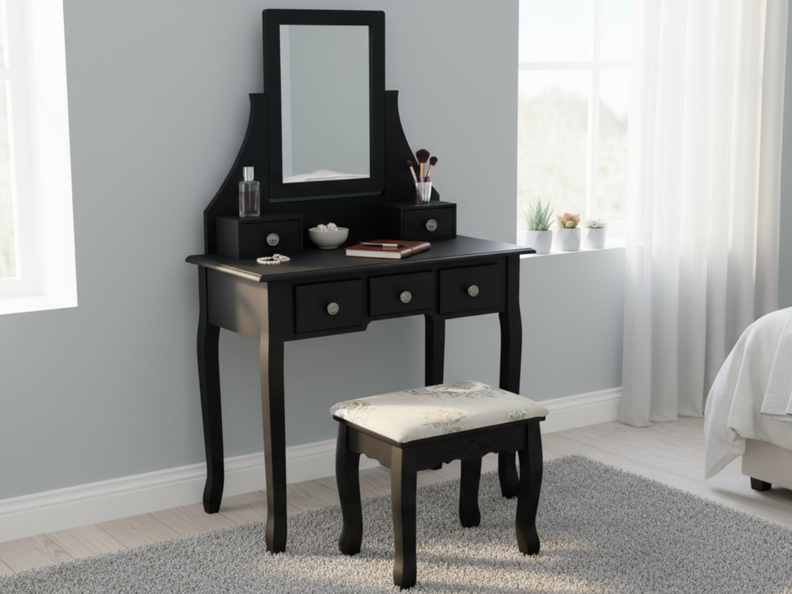 black dressing table with mirror and stool Modern black makeup set with 6 drawer cabinet, dressing table with stool and mirrorHomary