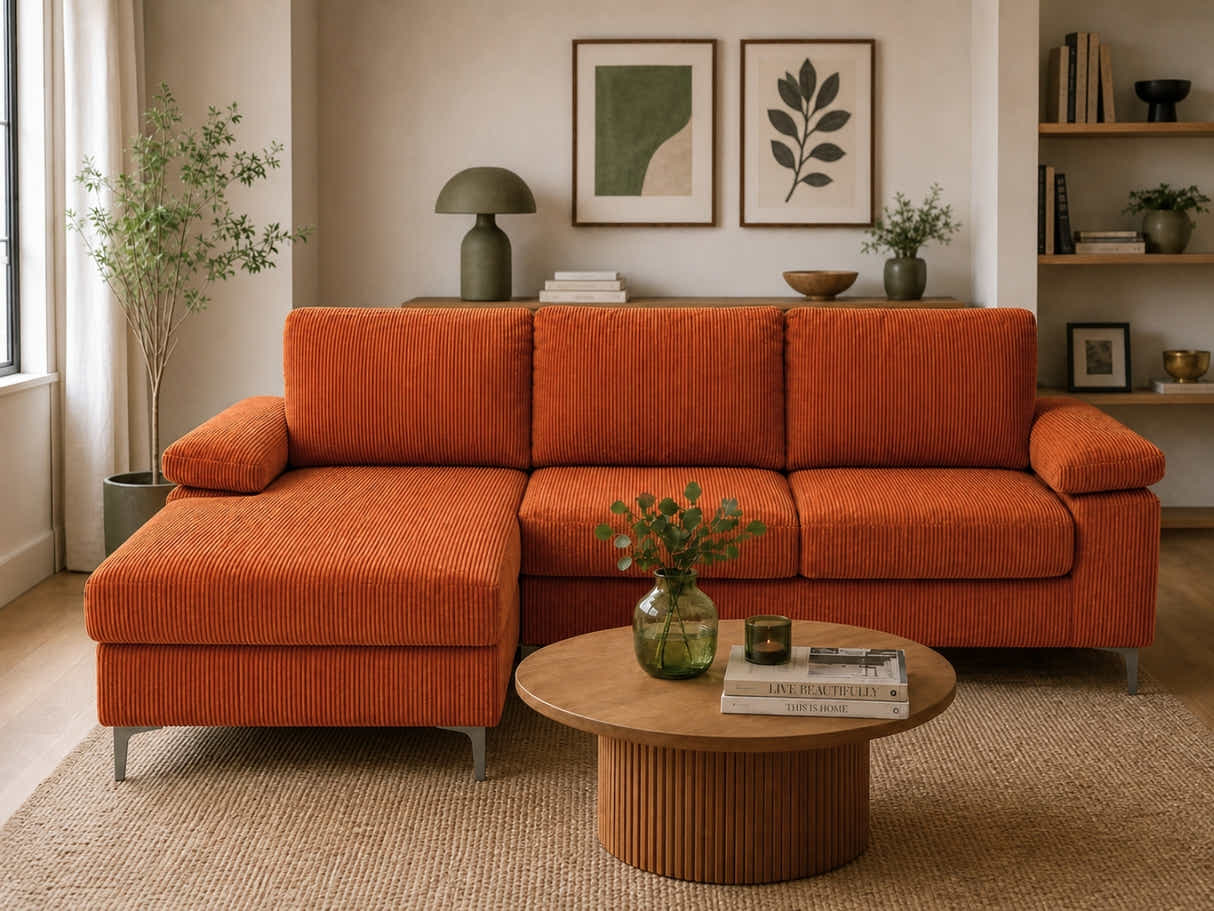 Kaveah Corduroy Sofa With Left Chaise - Orange