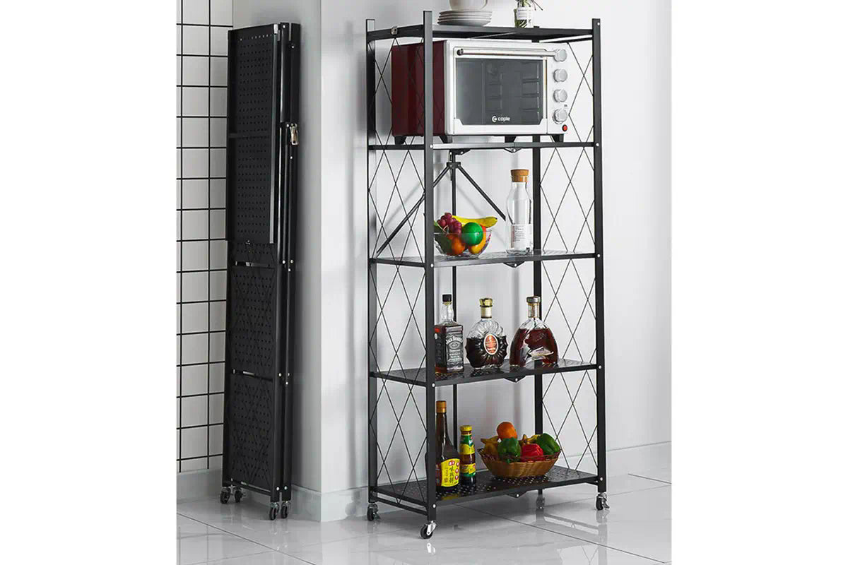 DS BS Foldable 5 Tier Kitchen Trolley Shelving Unit with Wheels