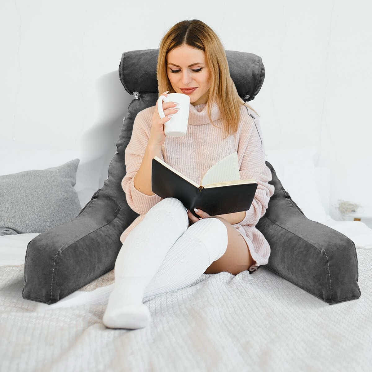 DS BD Bed Reading Pillow Husband Cushion Backrest Detachable Neck Roll Foam Gray