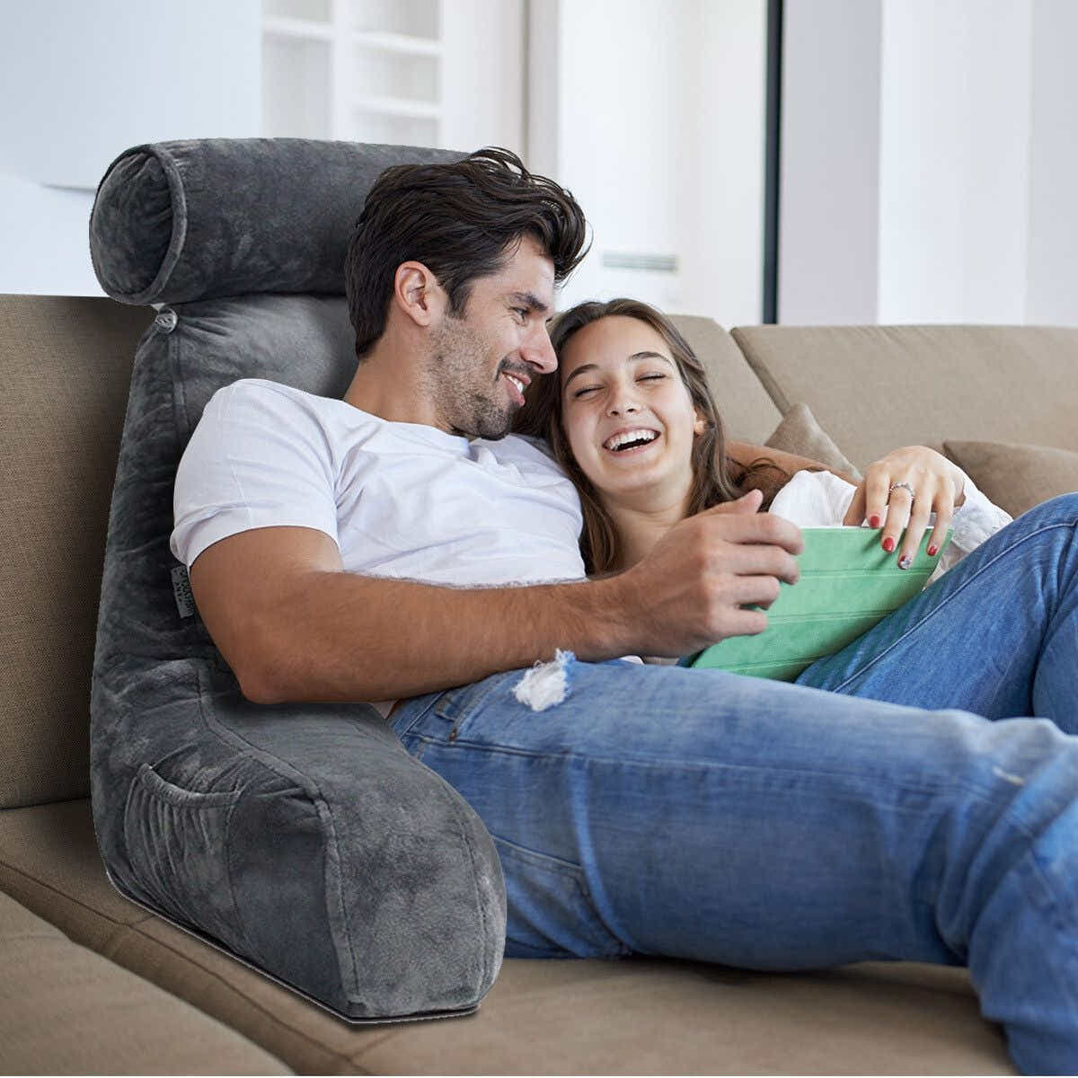 DS BD Bed Reading Pillow Husband Cushion Backrest Detachable Neck Roll Foam Gray