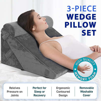 DS BD Bed Wedge Pillow Set Triangle Cushion Memory Foam Back Adjustable Gray