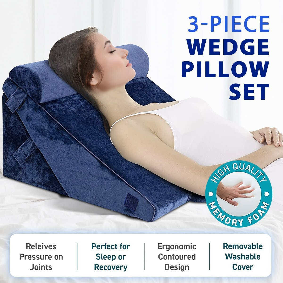 DS BD Wedge Pillow Set Memory Foam Bed Cushion Back Adjustable Navy Blue