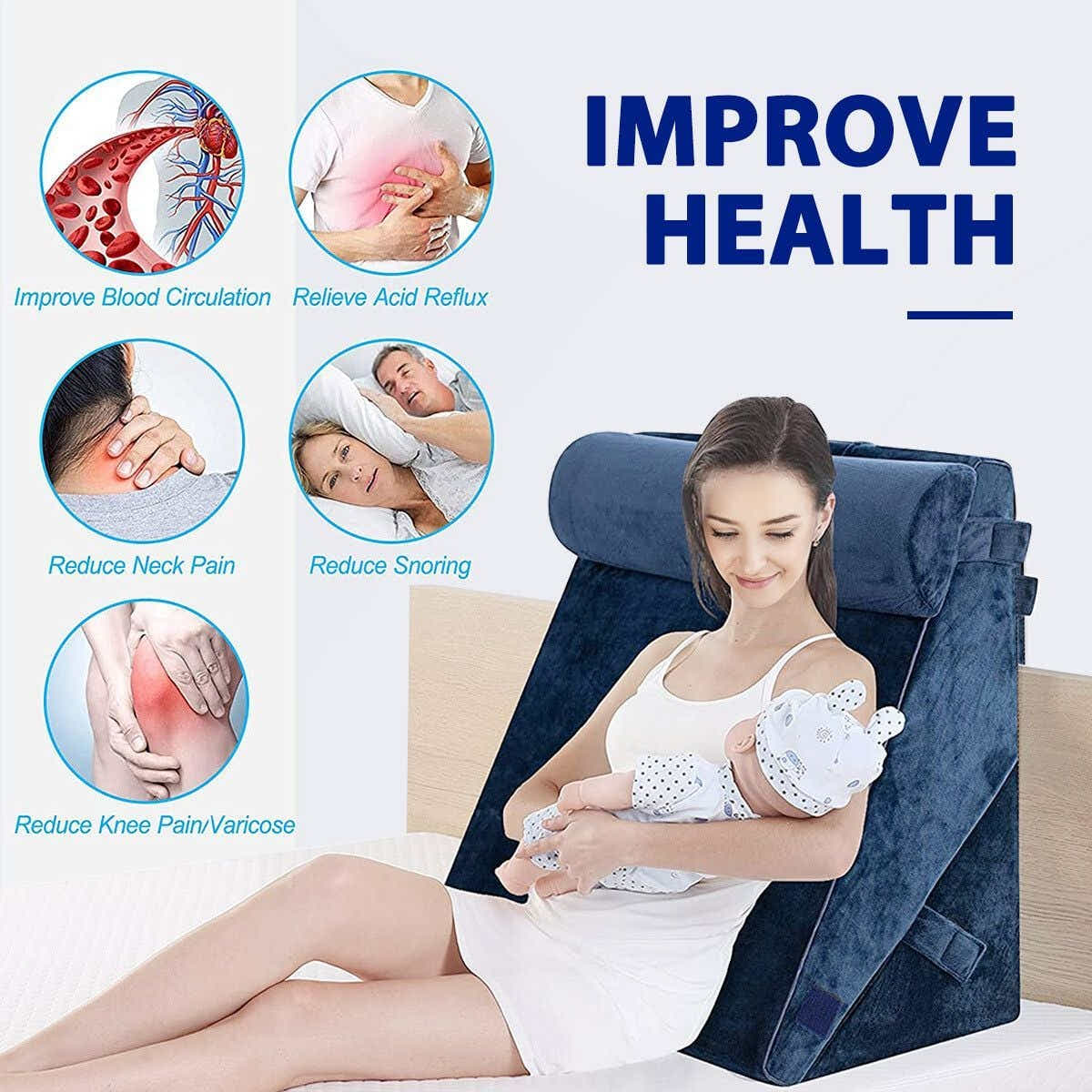 DS BD Wedge Pillow Set Memory Foam Bed Cushion Back Adjustable Navy Blue