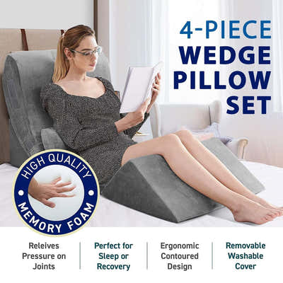 DS BD 4 Pcs Wedge Pillow Set Memory Foam Bed Cushion Support Adjustable Gray