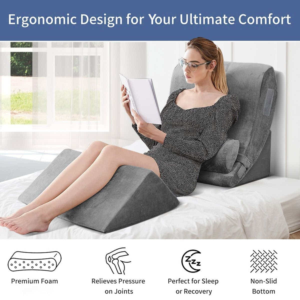 DS BD 4 Pcs Wedge Pillow Set Memory Foam Bed Cushion Support Adjustable Gray
