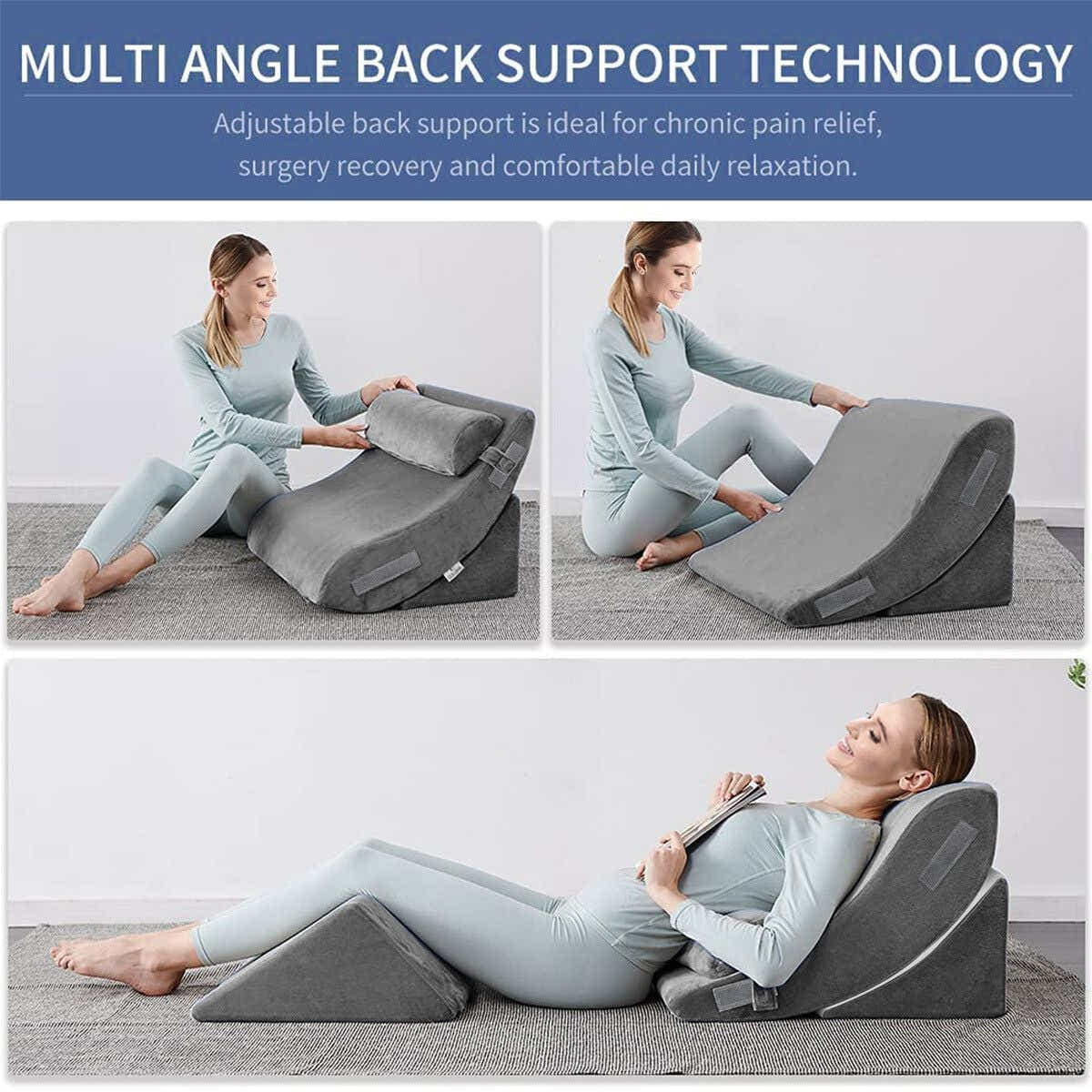 DS BD 4 Pcs Wedge Pillow Set Memory Foam Bed Cushion Support Adjustable Gray